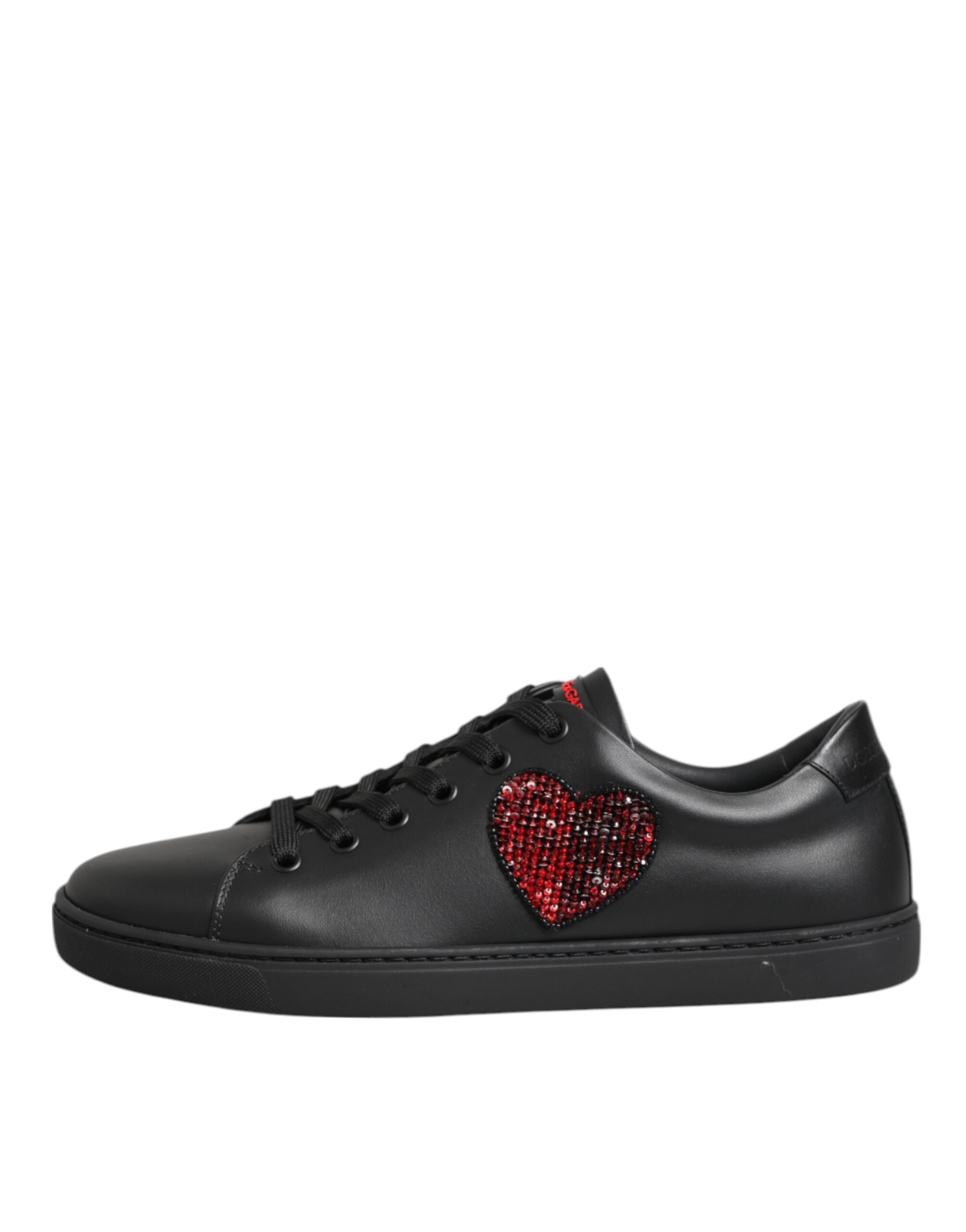 Dolce & Gabbana Black Leather Crystal Heart Low Top Sneakers Women's Shoes