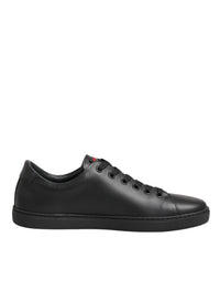 Dolce & Gabbana Black Leather Crystal Heart Low Top Sneakers Women's Shoes