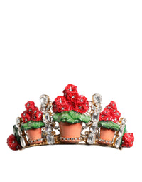Dolce & Gabbana Dolce & Gabbana Red Floral Flowerpot Crystal Gold Crown Tiara Women's Headband