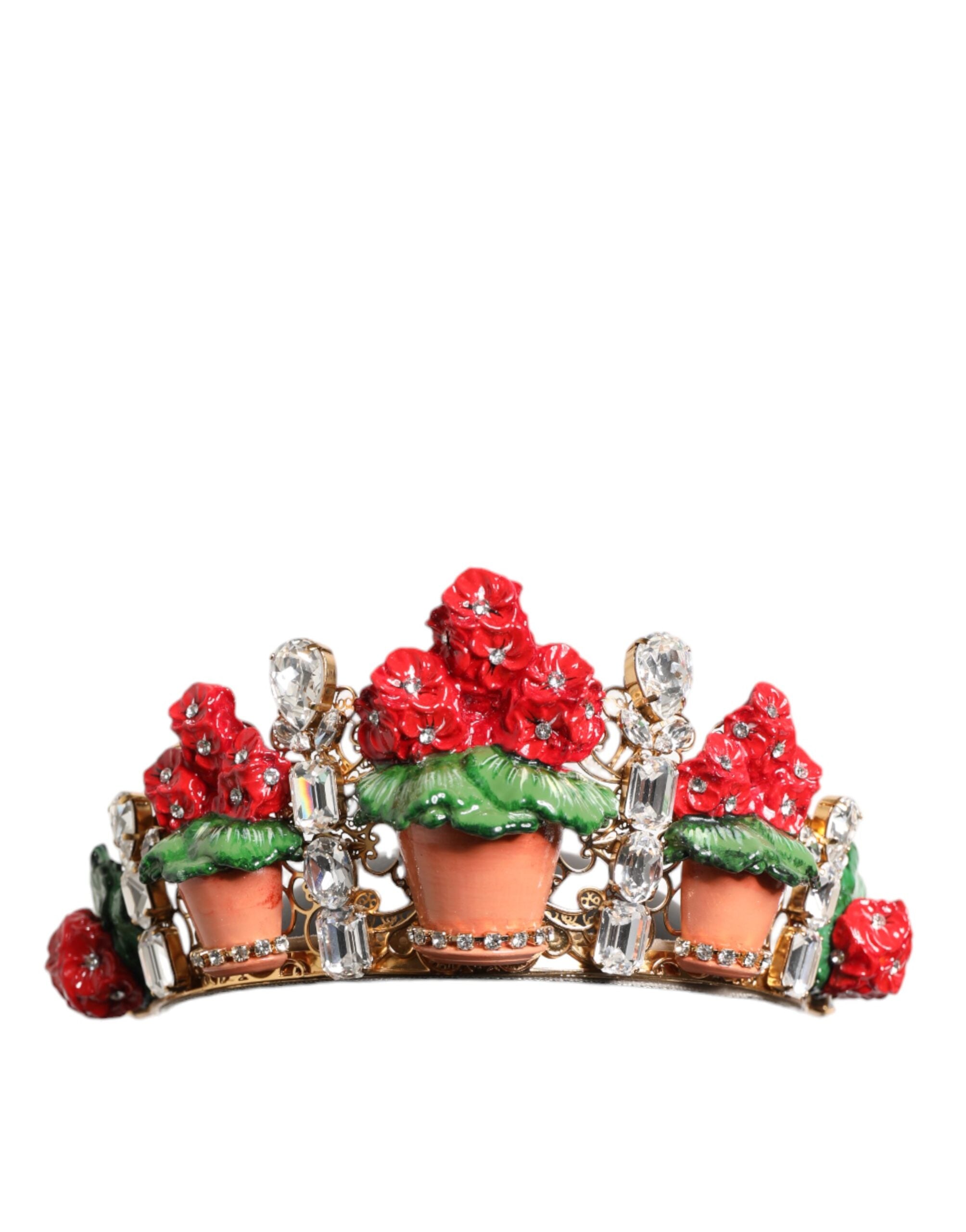 Dolce & Gabbana Dolce & Gabbana Red Floral Flowerpot Crystal Gold Crown Tiara Women's Headband