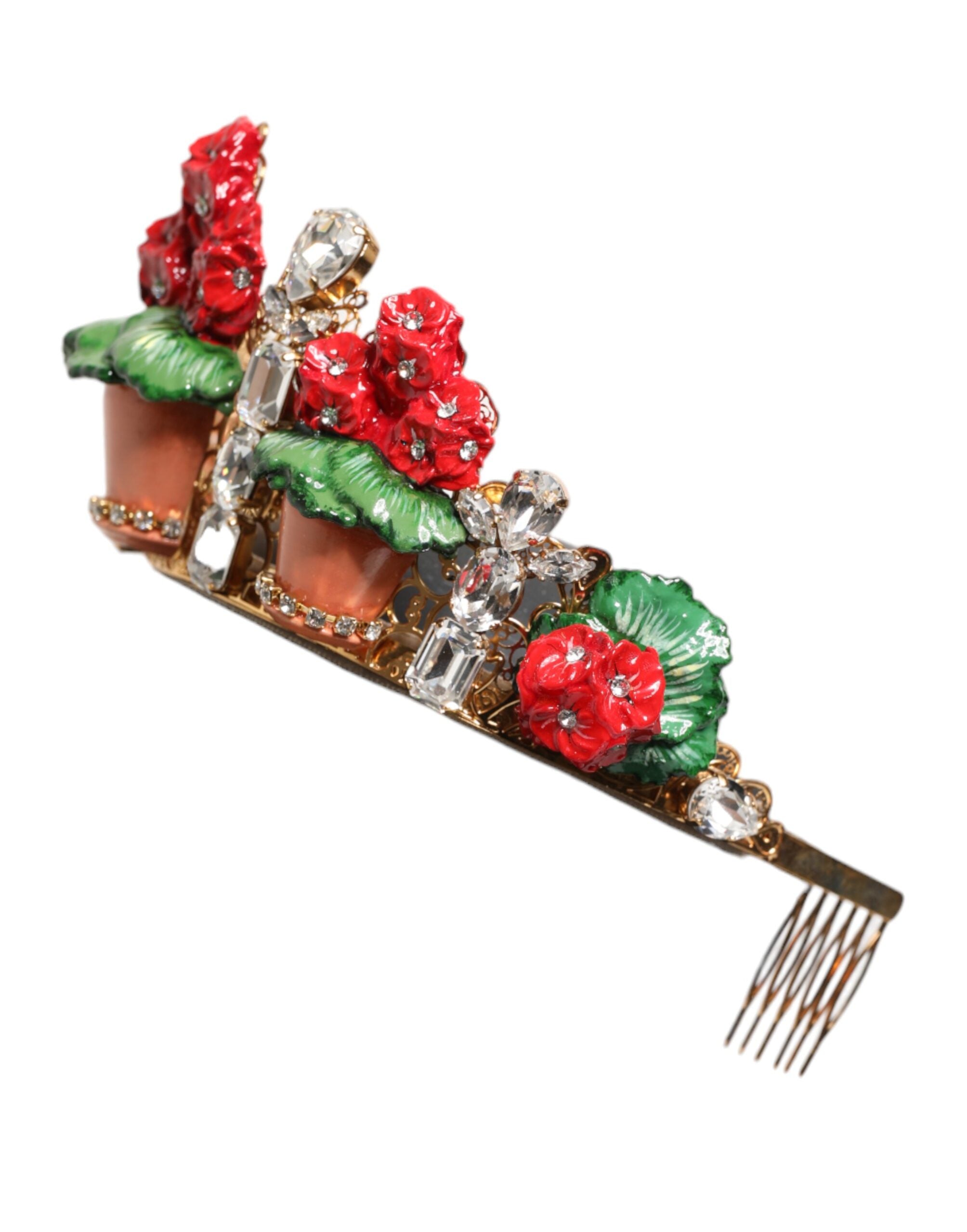 Dolce & Gabbana Dolce & Gabbana Red Floral Flowerpot Crystal Gold Crown Tiara Women's Headband