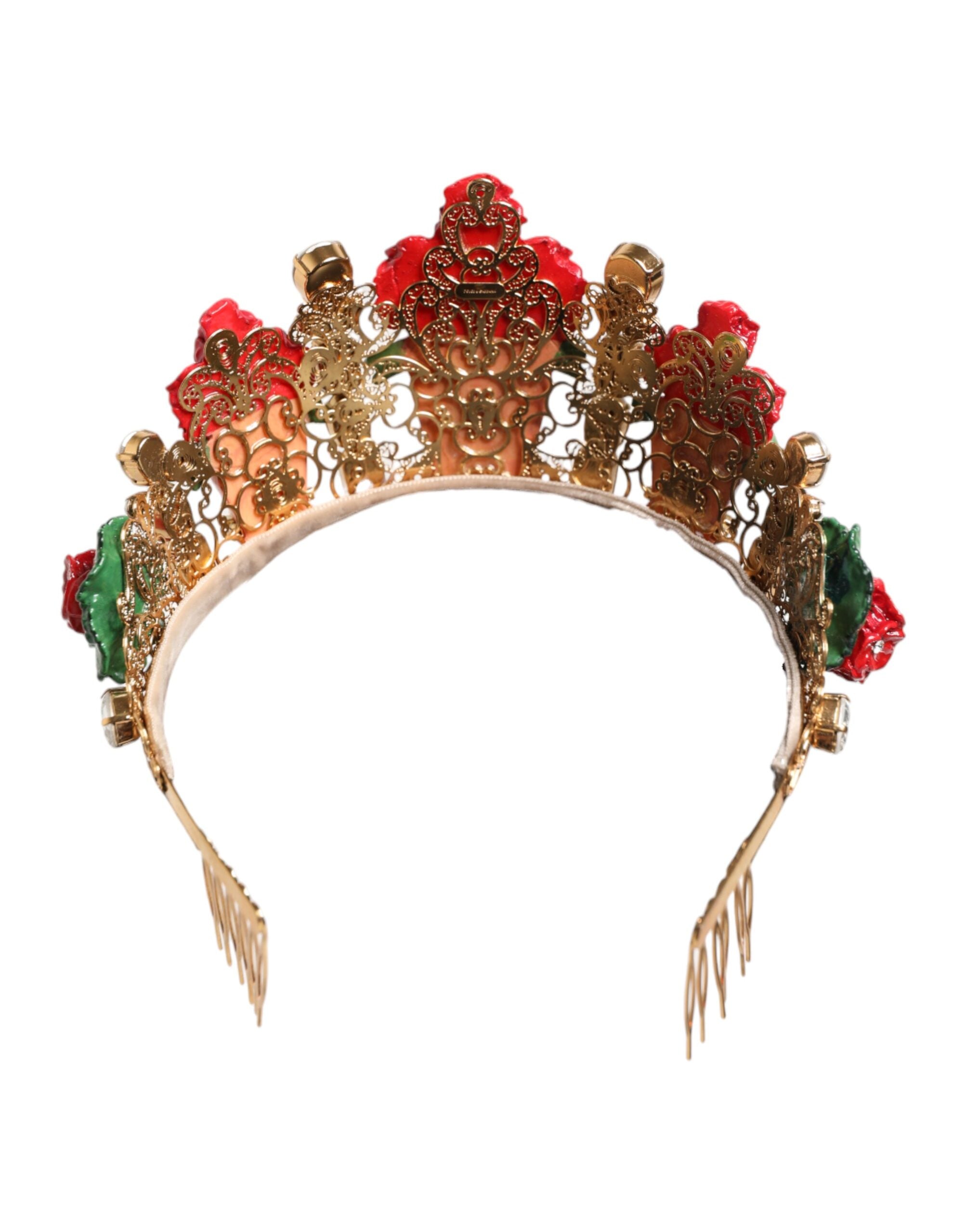 Dolce & Gabbana Dolce & Gabbana Red Floral Flowerpot Crystal Gold Crown Tiara Women's Headband