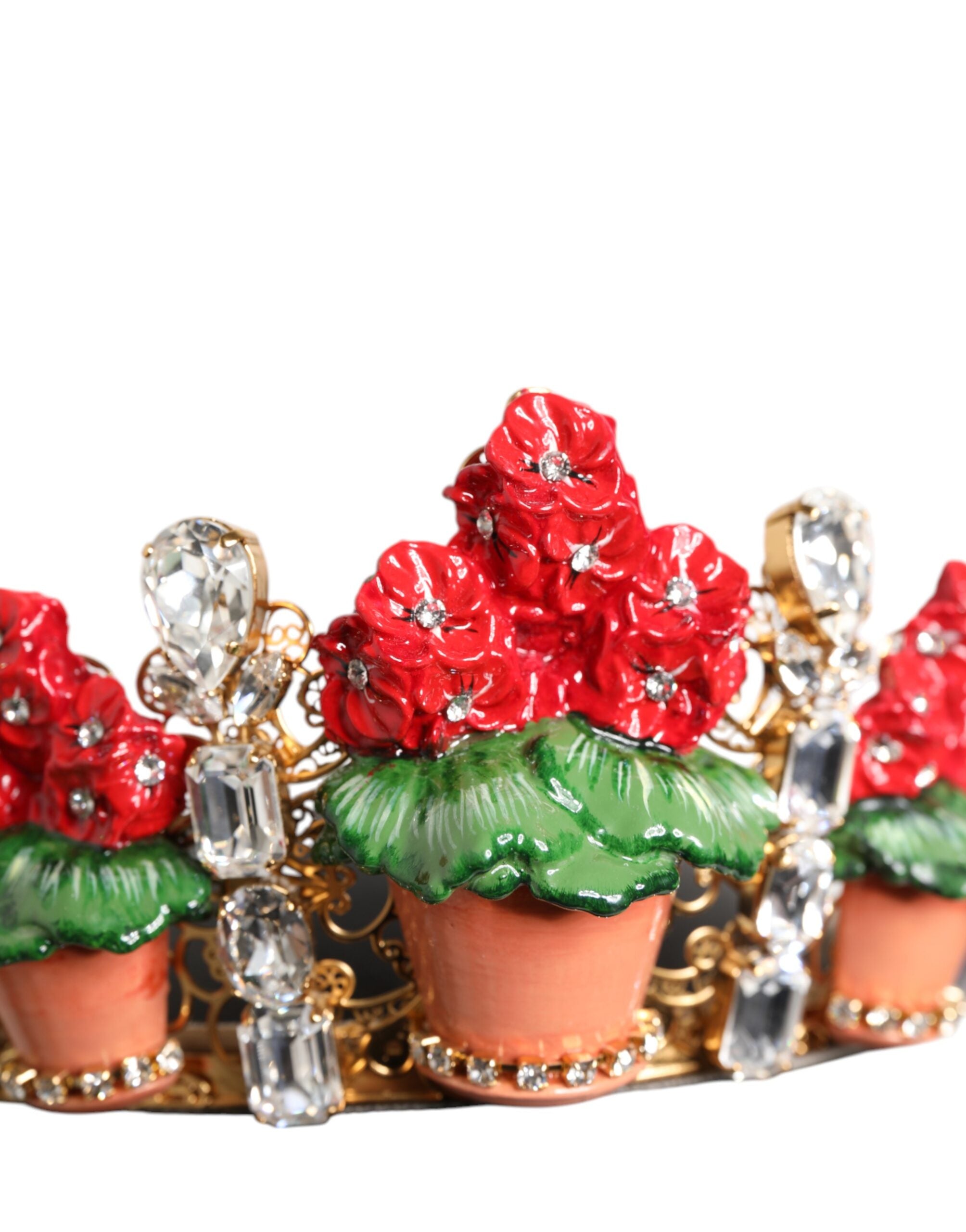 Dolce & Gabbana Dolce & Gabbana Red Floral Flowerpot Crystal Gold Crown Tiara Women's Headband