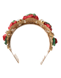 Dolce & Gabbana Dolce & Gabbana Red Floral Flowerpot Crystal Gold Crown Tiara Women's Headband