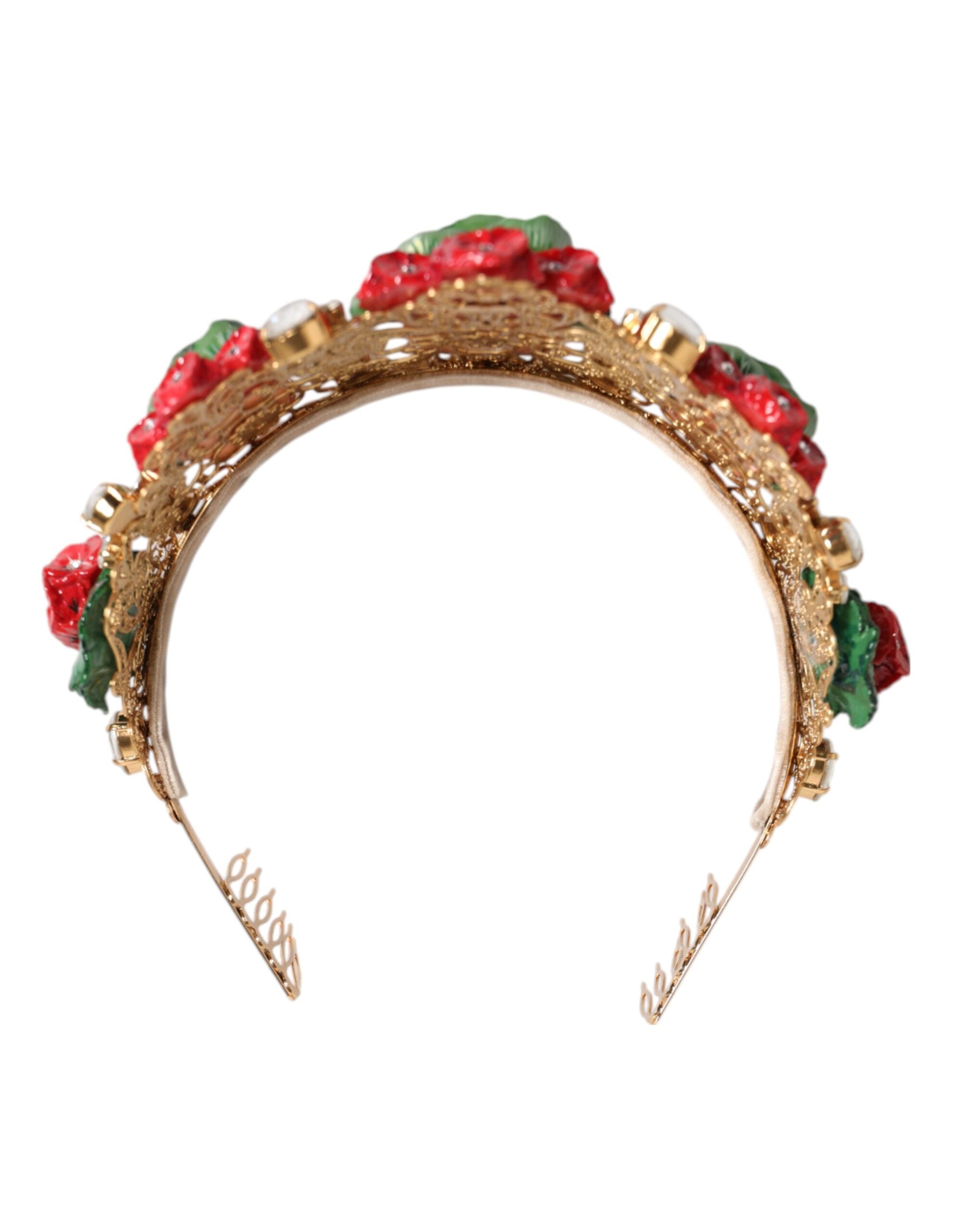 Dolce & Gabbana Dolce & Gabbana Red Floral Flowerpot Crystal Gold Crown Tiara Women's Headband