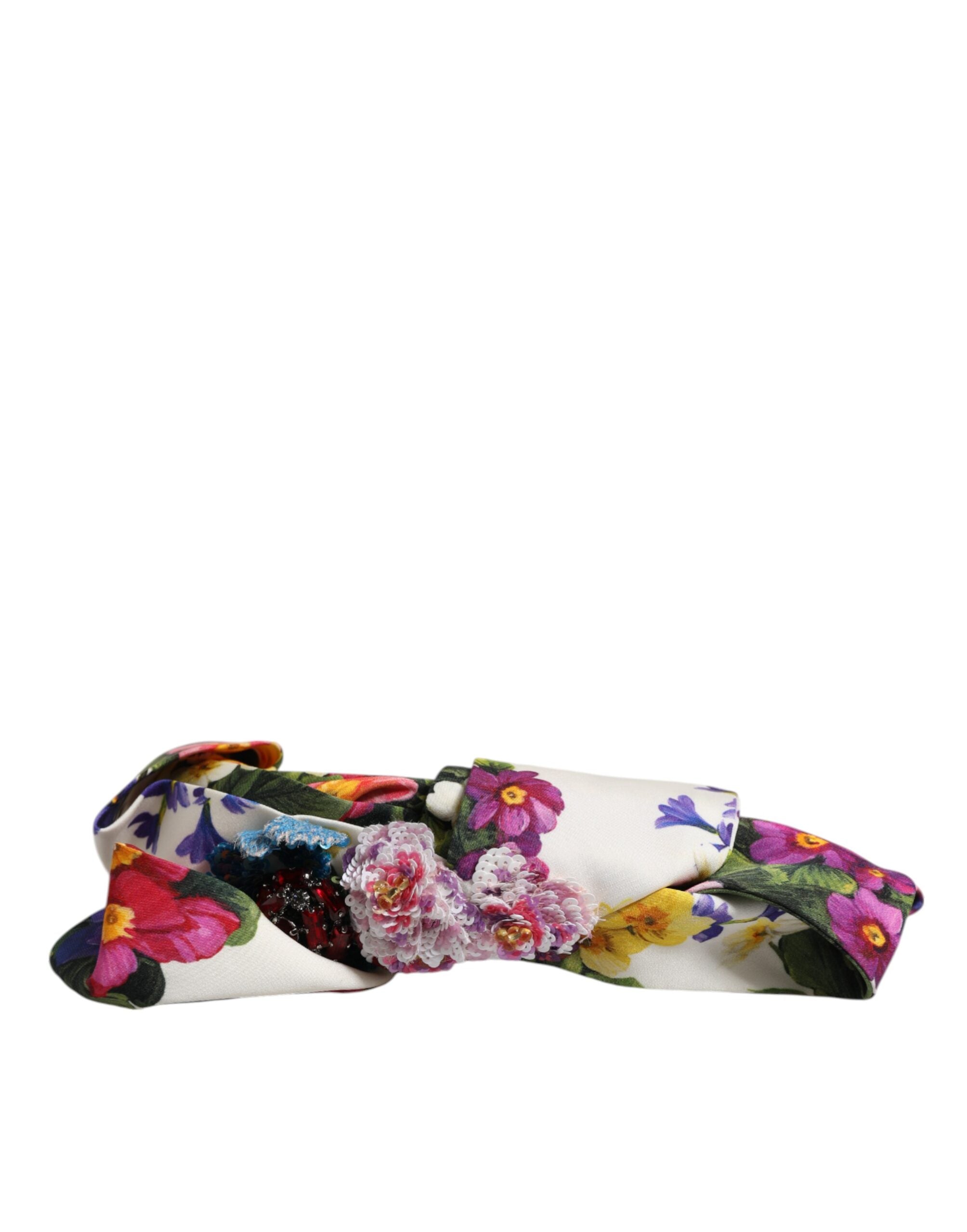 Dolce & Gabbana Dolce & Gabbana White Multicolor Floral Silk Bow Crystal Embellished Women's Headband