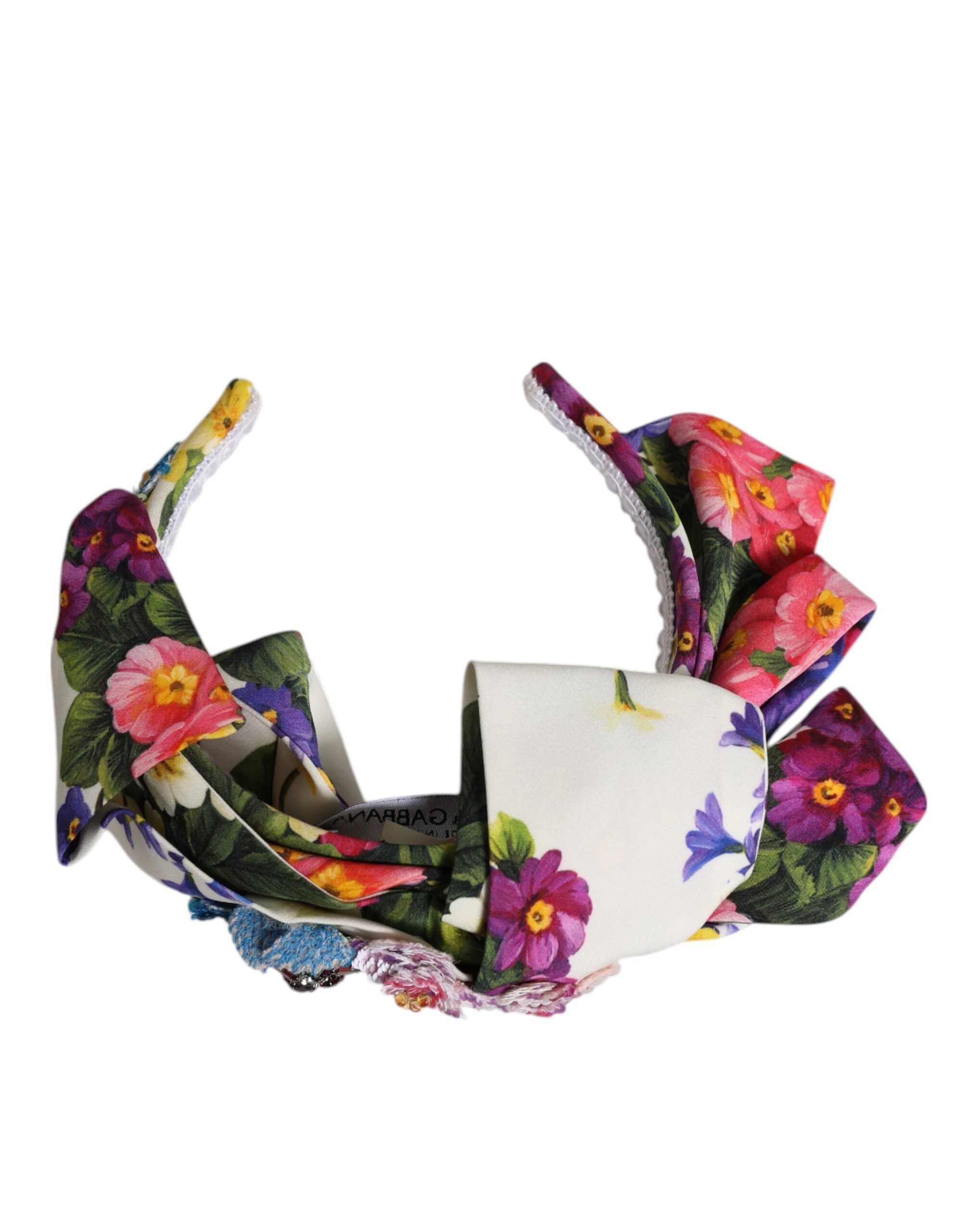 Dolce & Gabbana Dolce & Gabbana White Multicolor Floral Silk Bow Crystal Embellished Women's Headband