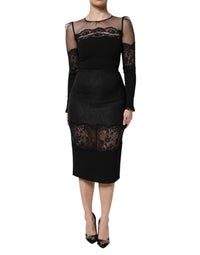 Dolce & Gabbana Black Lace Trim Nylon Tulle SheathMidi Women's Dress