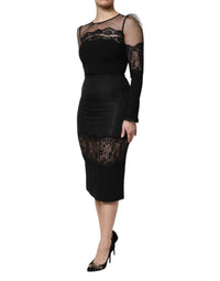 Dolce & Gabbana Black Lace Trim Nylon Tulle SheathMidi Women's Dress