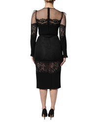 Dolce & Gabbana Black Lace Trim Nylon Tulle SheathMidi Women's Dress