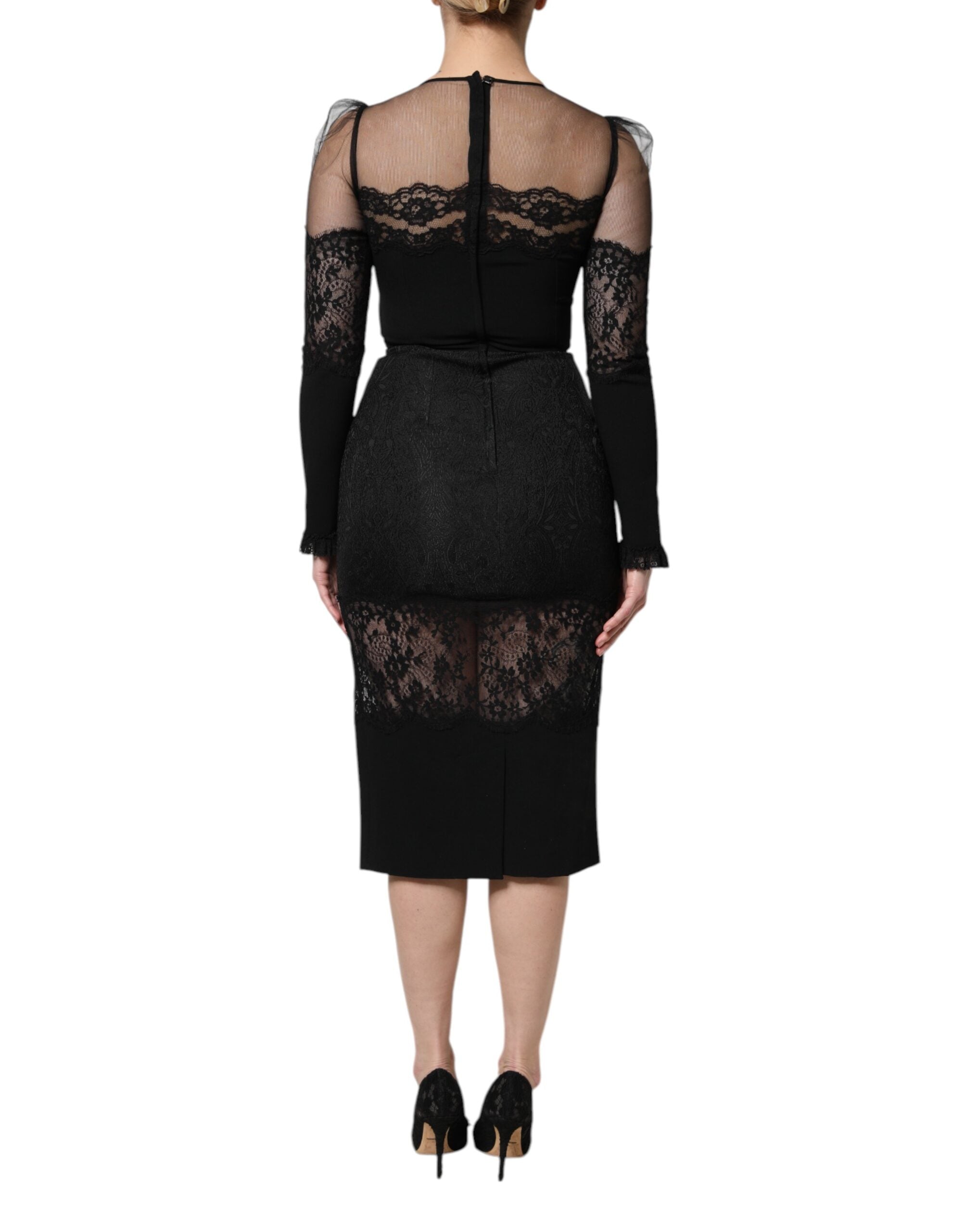 Dolce & Gabbana Black Lace Trim Nylon Tulle SheathMidi Women's Dress