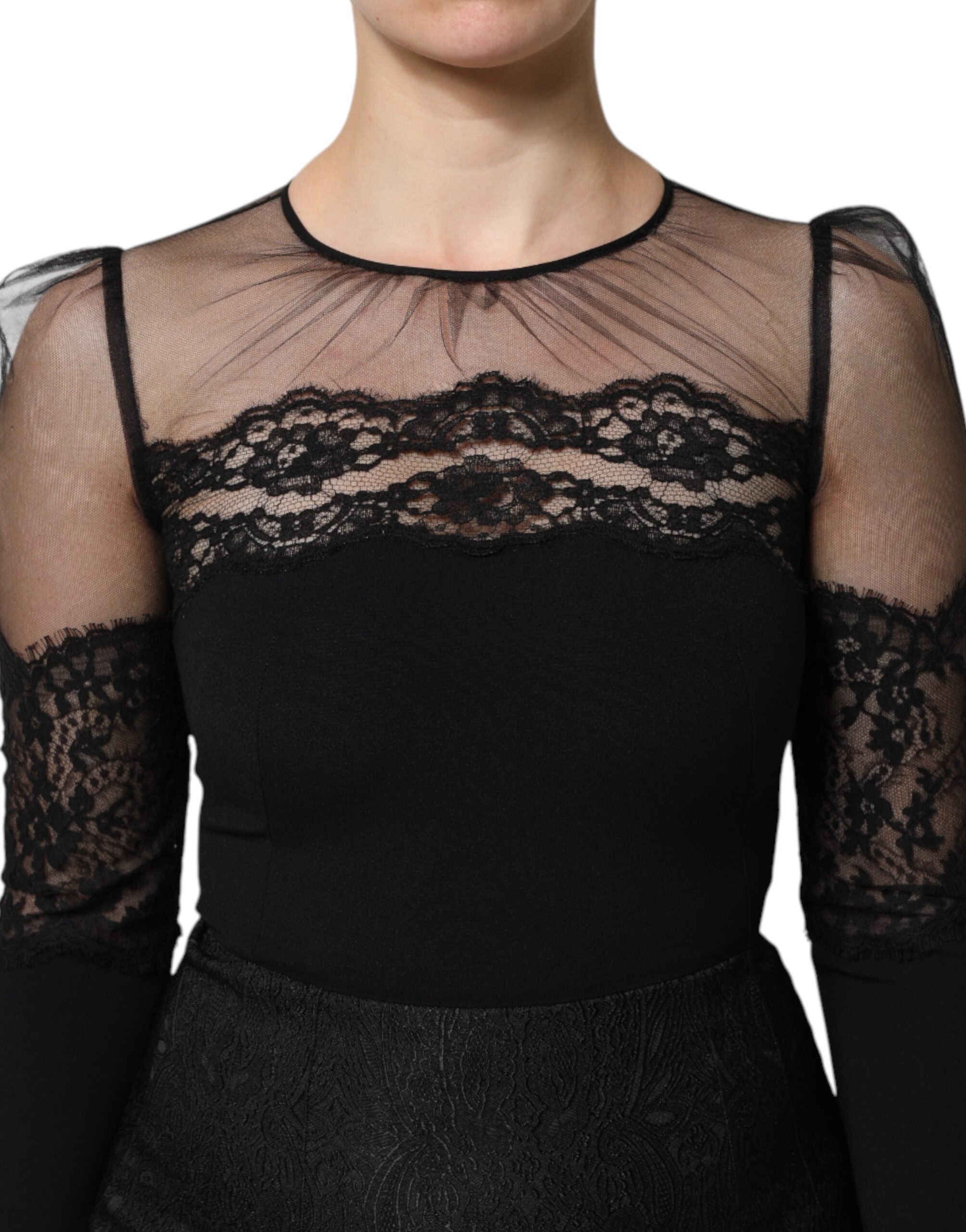 Dolce & Gabbana Black Lace Trim Nylon Tulle SheathMidi Women's Dress