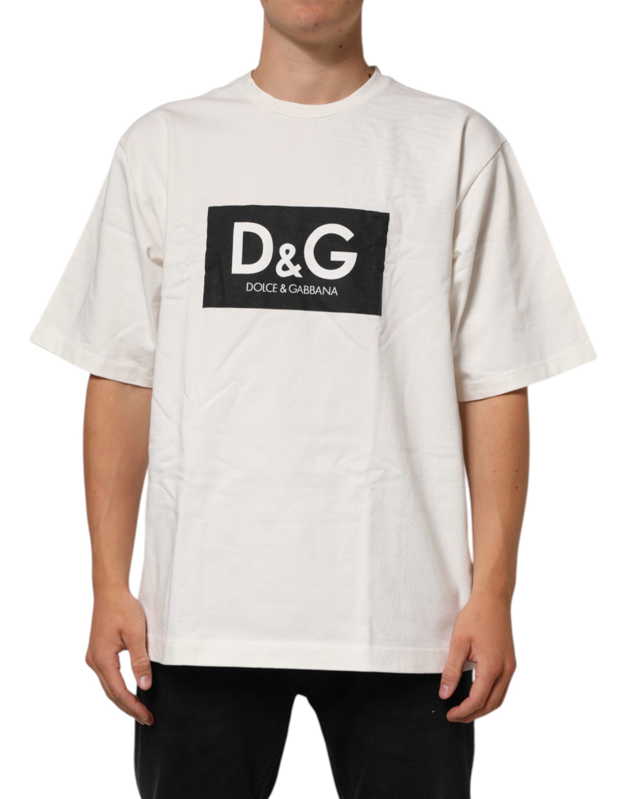 Dolce & Gabbana White Logo Print Cotton Crew Neck Men Men's T-shirt