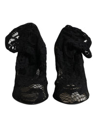 Dolce & Gabbana Black Lace Stretch Heels Mid Calf Boots Women's Shoes
