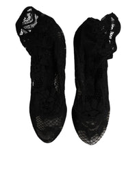 Dolce & Gabbana Black Lace Stretch Heels Mid Calf Boots Women's Shoes
