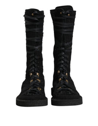 Dolce & Gabbana Black Alpaca Wool Suede Mid Calf Boots Men's Shoes