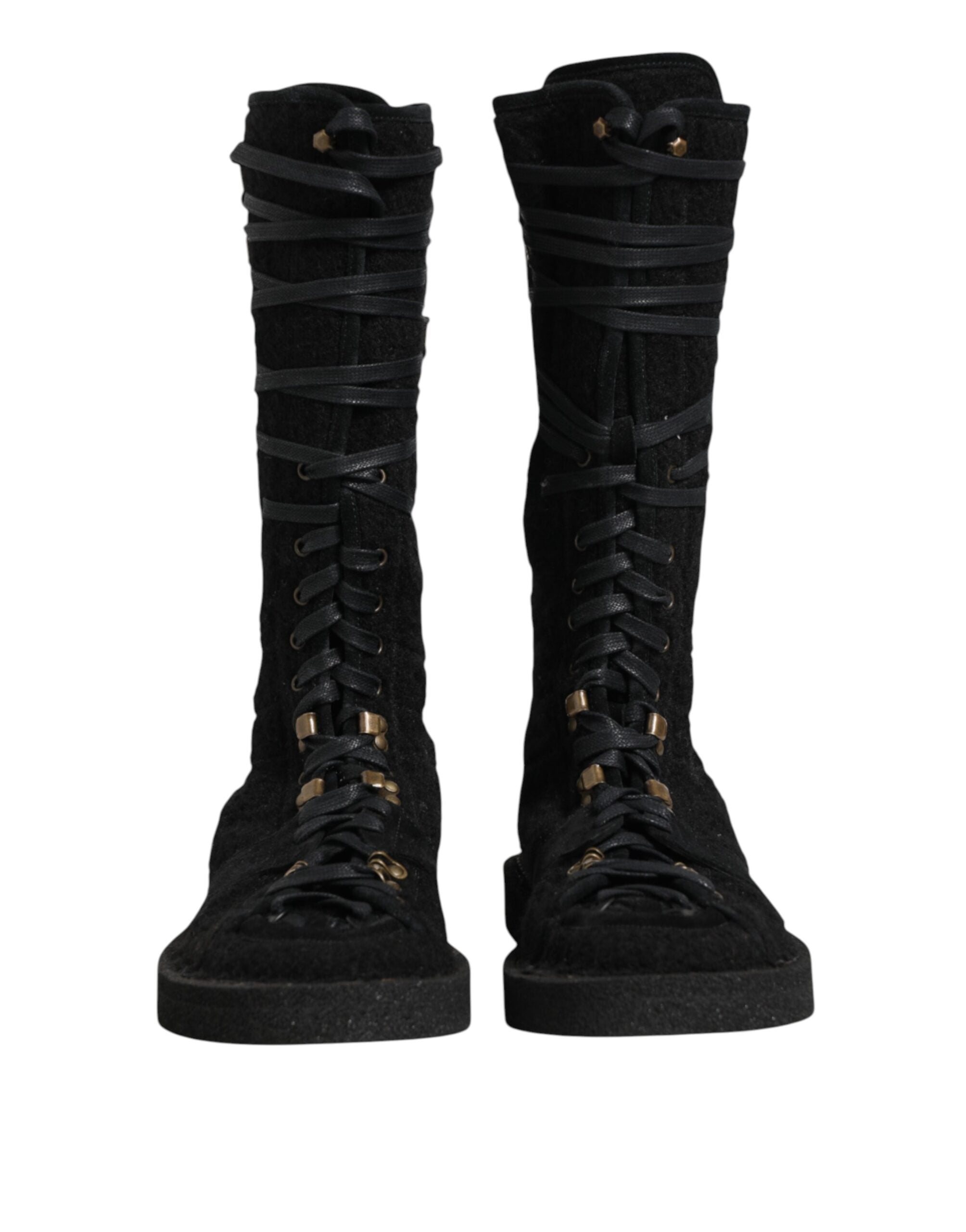 Dolce & Gabbana Black Alpaca Wool Suede Mid Calf Boots Men's Shoes