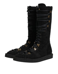 Dolce & Gabbana Black Alpaca Wool Suede Mid Calf Boots Men's Shoes