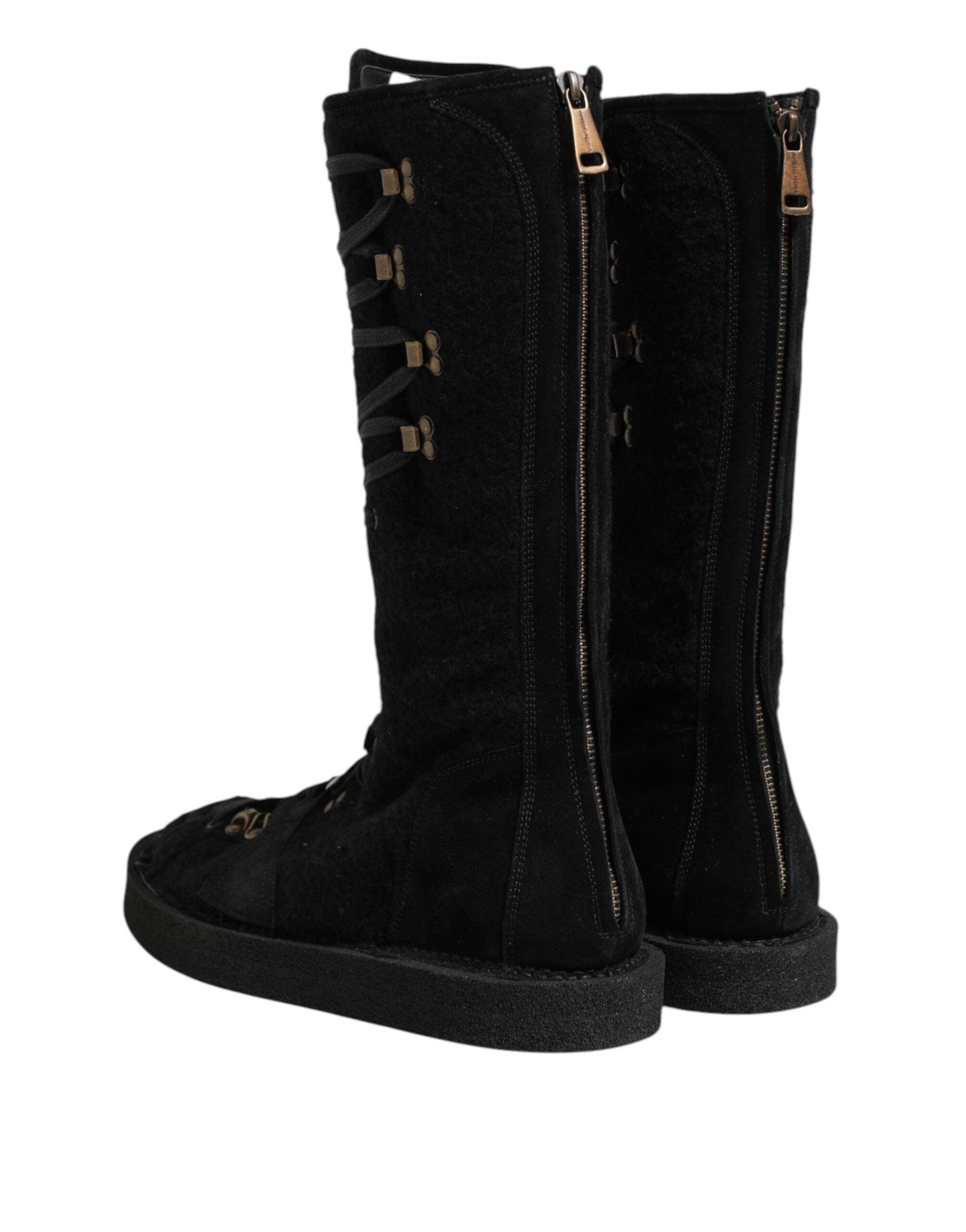 Dolce & Gabbana Black Alpaca Wool Suede Mid Calf Boots Men's Shoes
