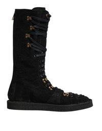 Dolce & Gabbana Black Alpaca Wool Suede Mid Calf Boots Men's Shoes