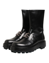 Dolce & Gabbana Black Logo Plaque Mid Calf Biker Boots Men's Shoes