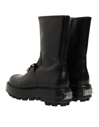 Dolce & Gabbana Black Logo Plaque Mid Calf Biker Boots Men's Shoes