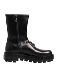Dolce & Gabbana Black Logo Plaque Mid Calf Biker Boots Men's Shoes