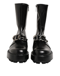 Dolce & Gabbana Black Logo Plaque Mid Calf Biker Boots Men's Shoes