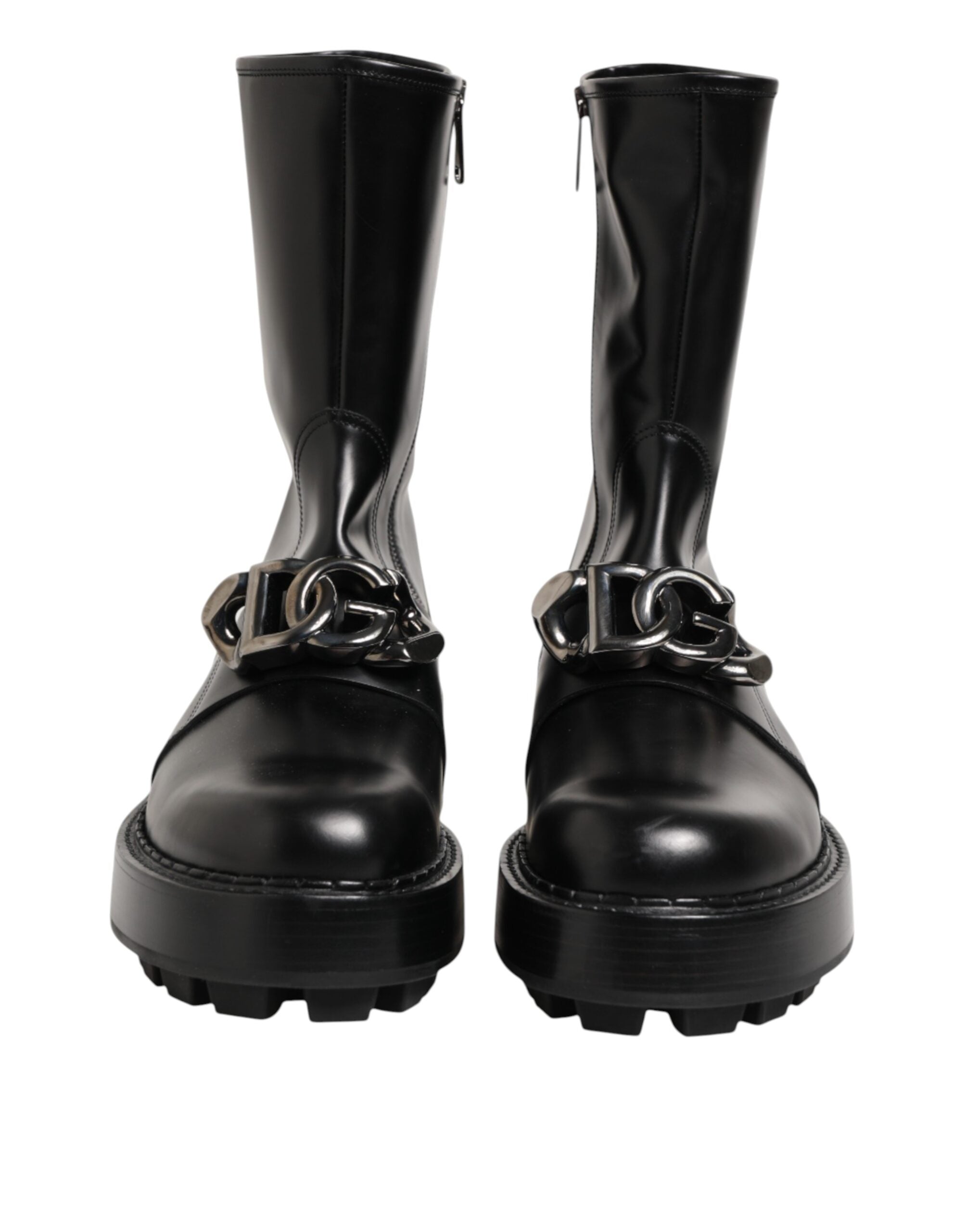Dolce & Gabbana Black Logo Plaque Mid Calf Biker Boots Men's Shoes