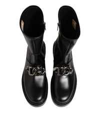 Dolce & Gabbana Black Logo Plaque Mid Calf Biker Boots Men's Shoes