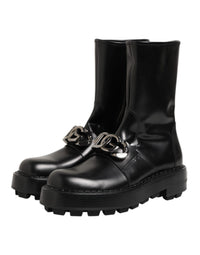 Dolce & Gabbana Black Logo Plaque Mid Calf Biker Boots Men's Shoes