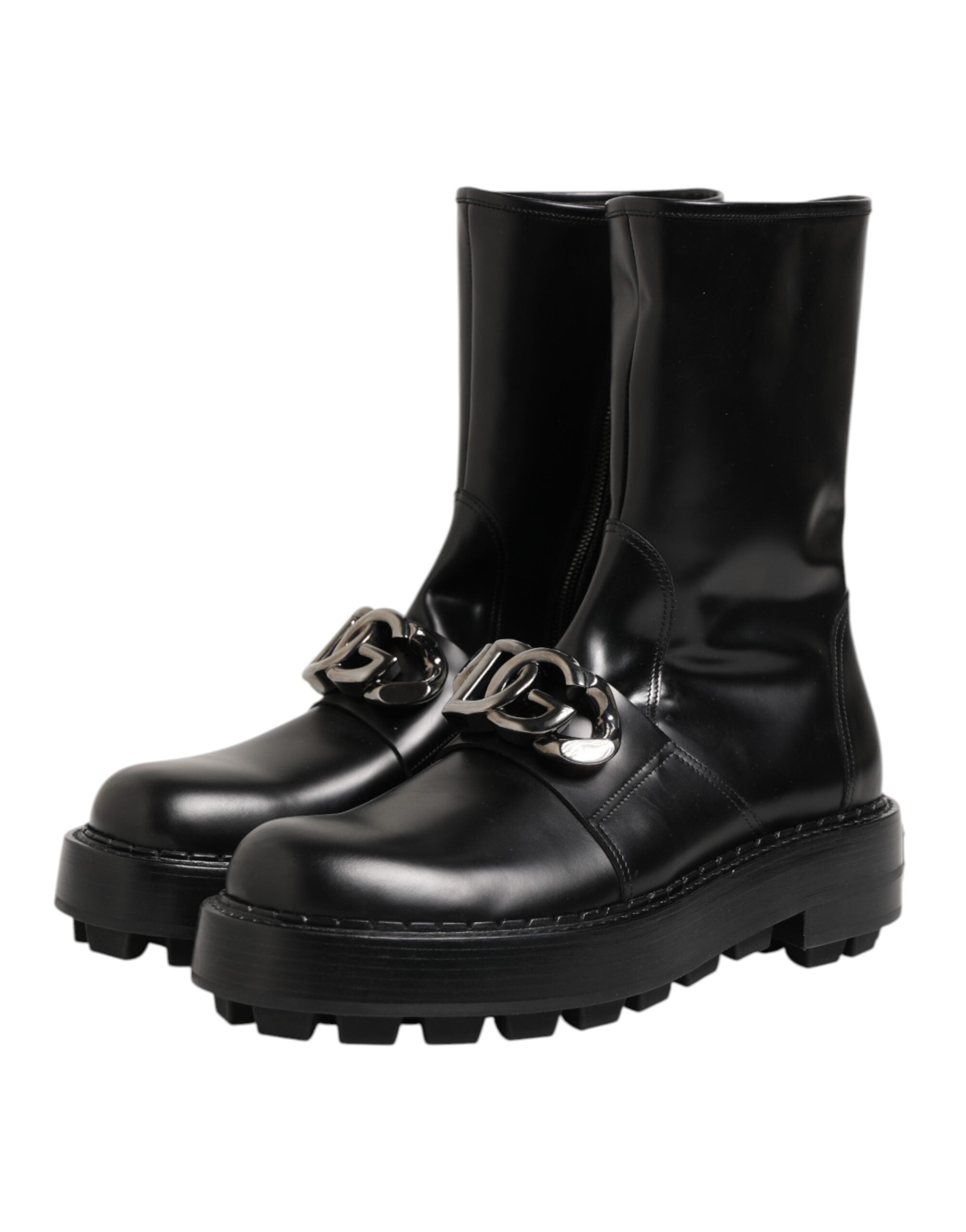 Dolce & Gabbana Black Logo Plaque Mid Calf Biker Boots Men's Shoes