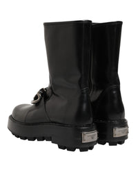 Dolce & Gabbana Black Logo Plaque Mid Calf Biker Boots Men's Shoes