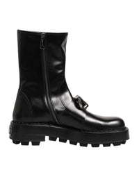 Dolce & Gabbana Black Logo Plaque Mid Calf Biker Boots Men's Shoes