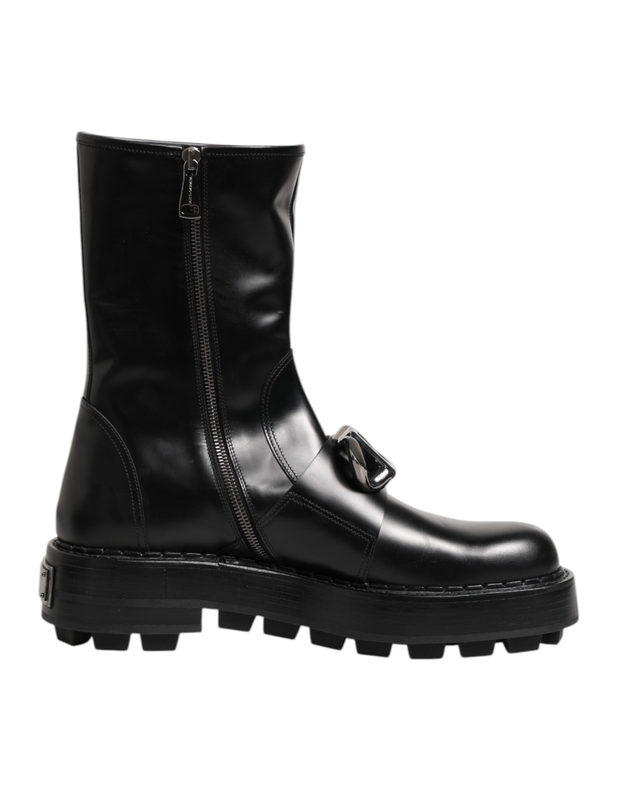 Dolce & Gabbana Black Logo Plaque Mid Calf Biker Boots Men's Shoes