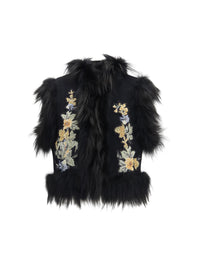 Fendi Women Virgin Wool Vest With Fur Collar And Floral Embroidery
