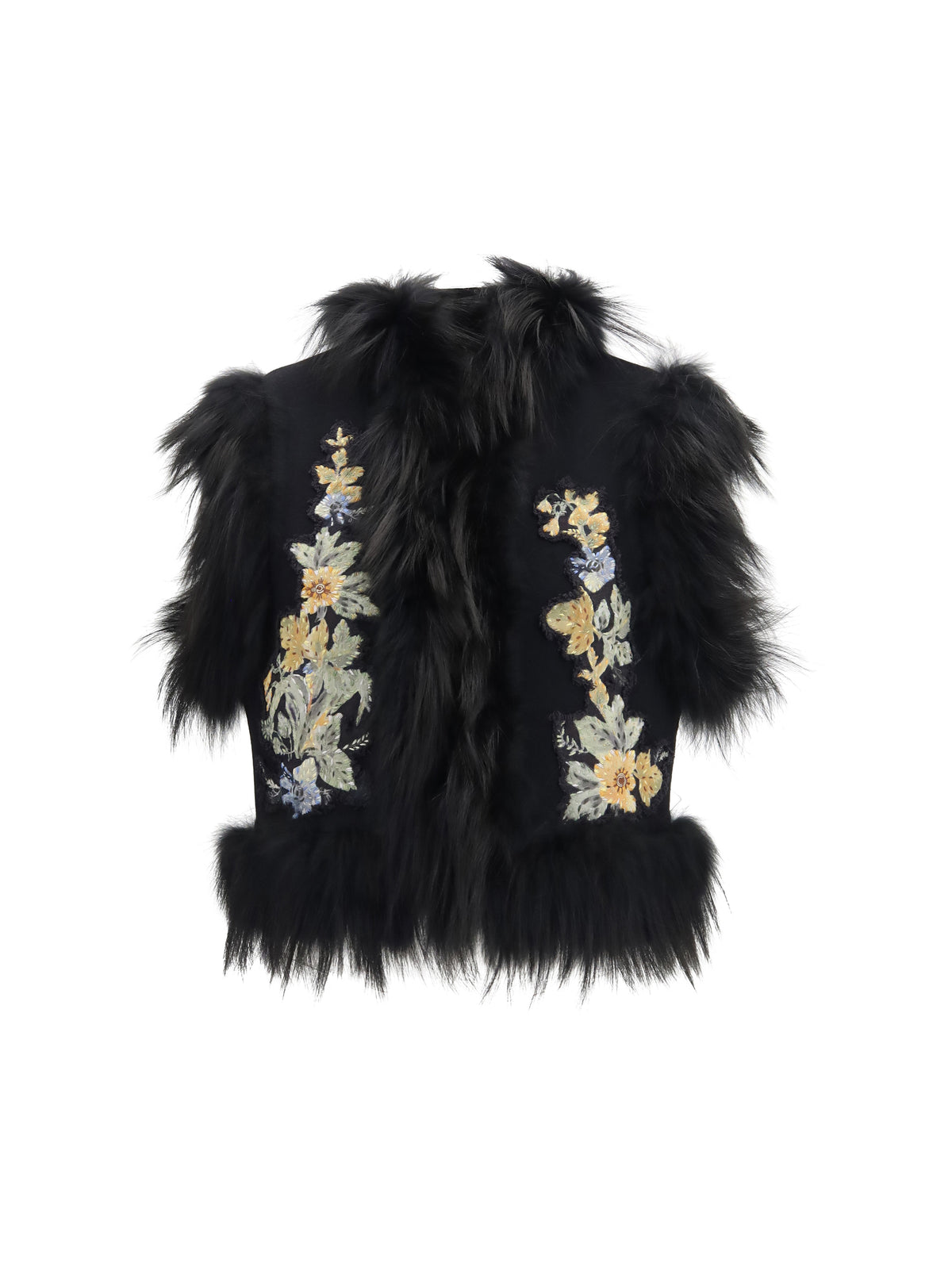 Fendi Women Virgin Wool Vest With Fur Collar And Floral Embroidery