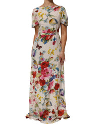 Dolce & Gabbana White Floral Print Silk Sheath LongGown Women's Dress
