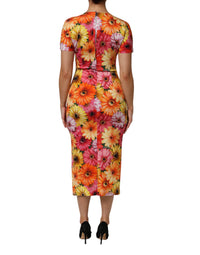 Dolce & Gabbana Multicolor Floral Print SilkSheath Midi Women's Dress