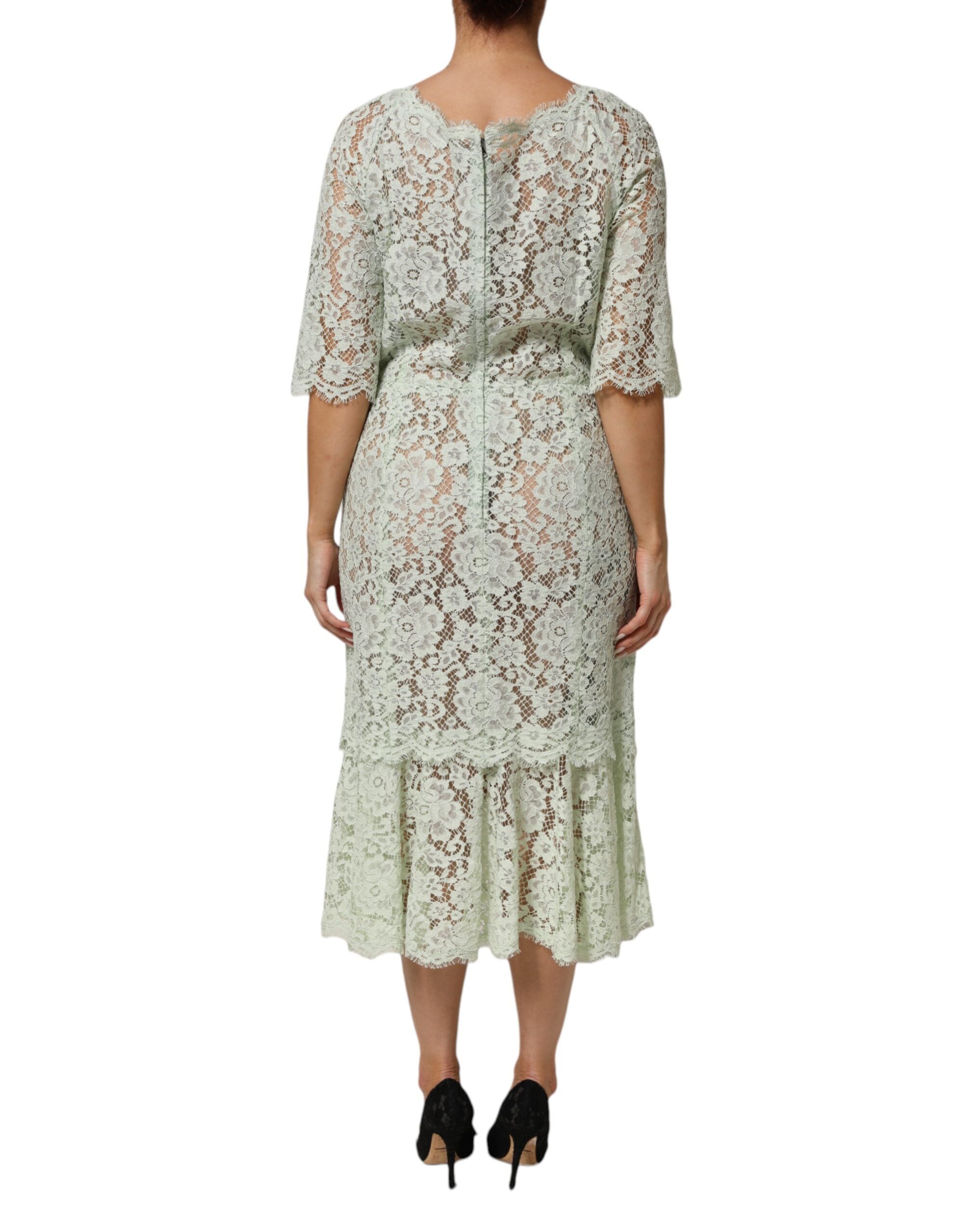 Dolce & Gabbana Mint Green Floral Lace Trim Midi Women's Dress
