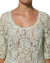 Dolce & Gabbana Mint Green Floral Lace Trim Midi Women's Dress