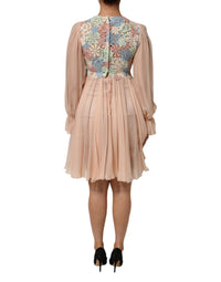 Dolce & Gabbana Pink Floral Embroidery Pleated A-line Women's Dress