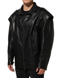 Dolce & Gabbana Black Leather Full Zip Biker Blouson Men's Jacket