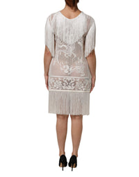 Dolce & Gabbana White Floral Lace Fringe Knee Length Women's Dress