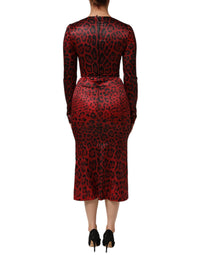 Dolce & Gabbana Red Leopard Sheath Long Sleeves Women's Dress
