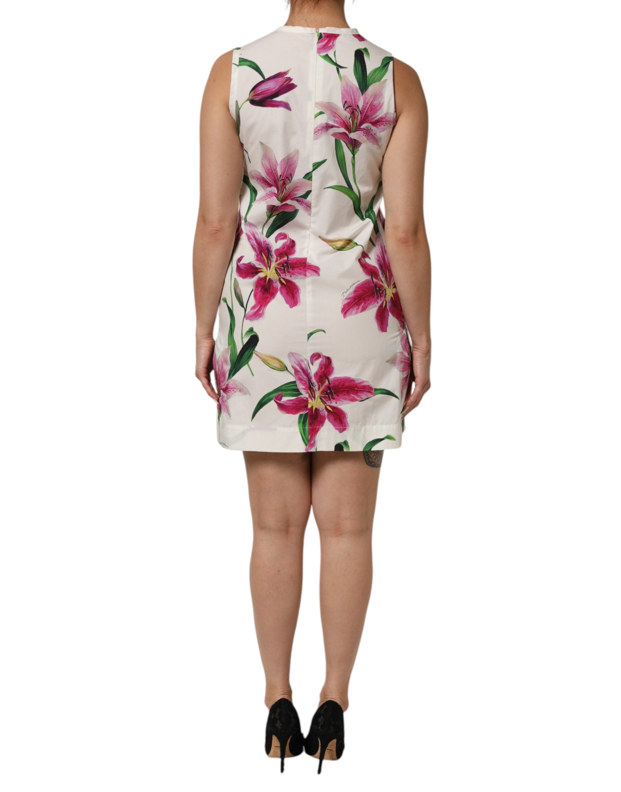 Dolce & Gabbana White Cotton Floral Sleeveless Mini Women's Dress