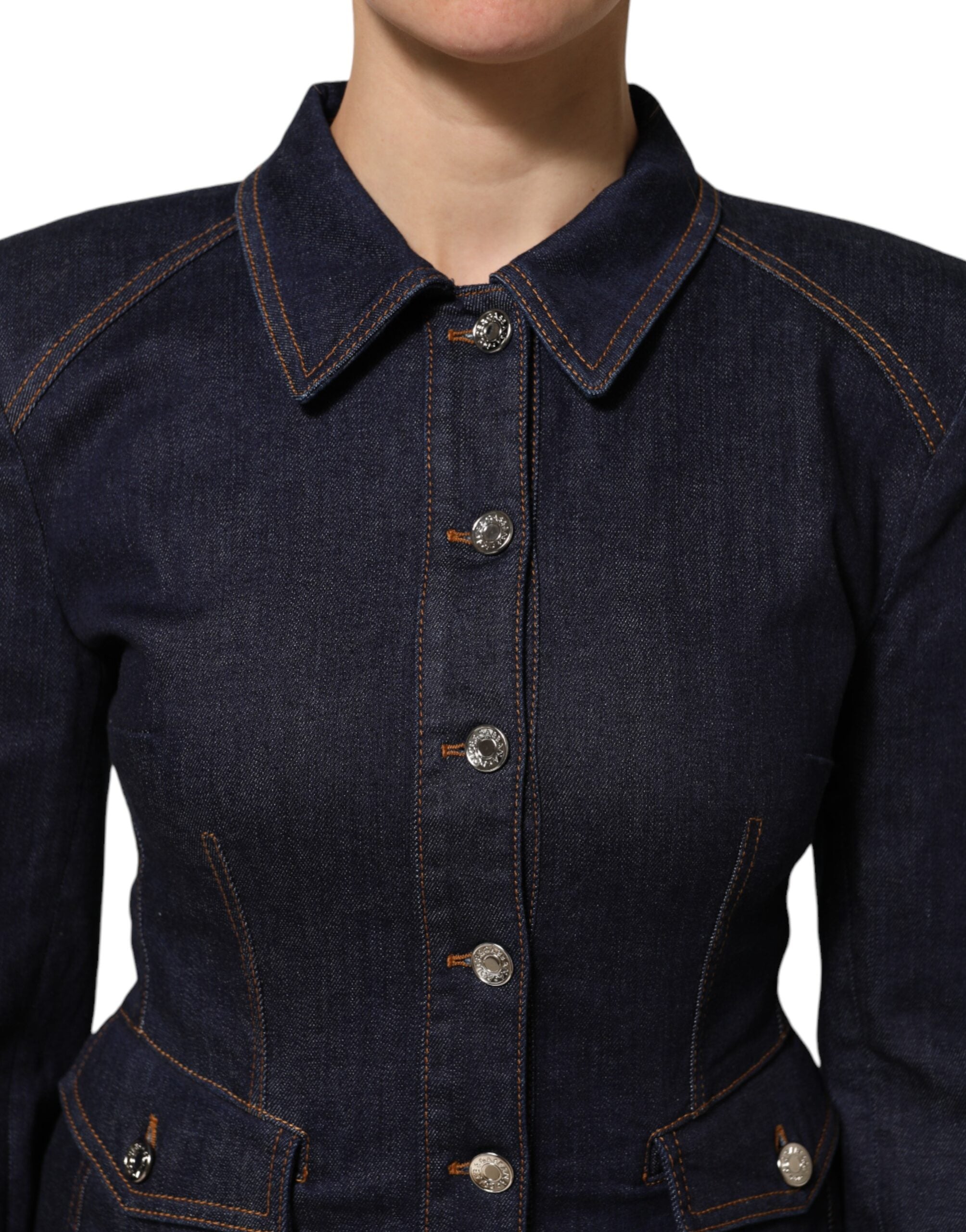 Dolce & Gabbana Dolce & Gabbana Dark Blue Cotton Collared Denim Coat Women's Jacket