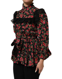 Dolce & Gabbana Black Floral Print Long Sleeve Blouse Women's Top