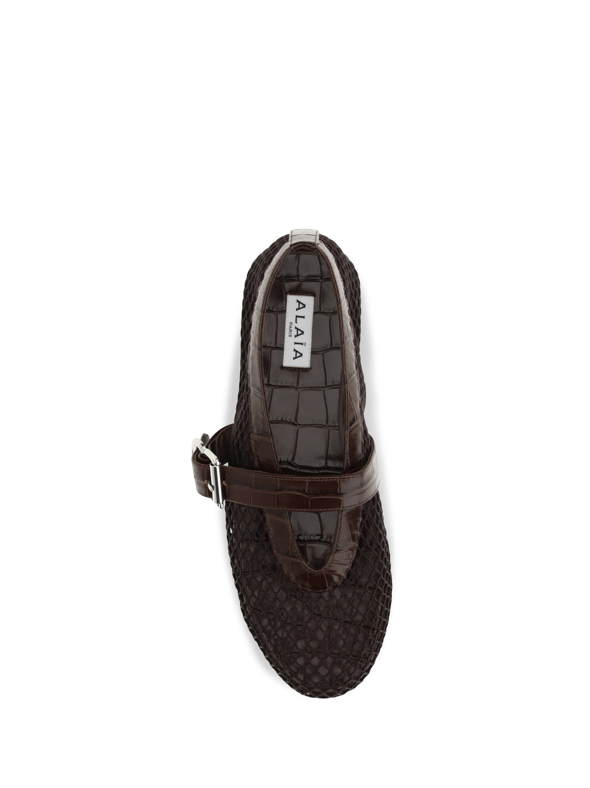 Alaïa Women Mesh And Crocodile-Print Leather Ballerinas