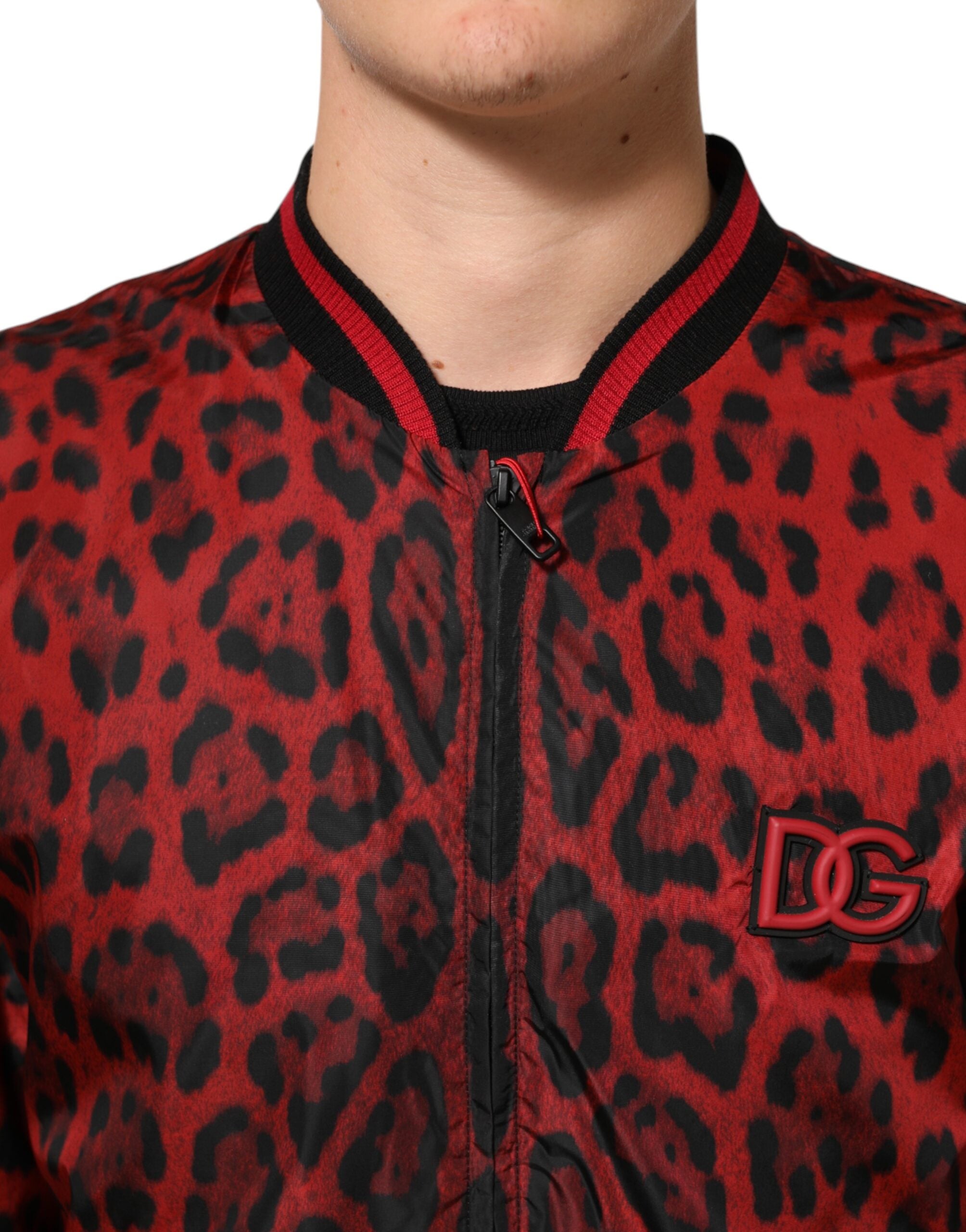 Dolce & Gabbana Red Leopard Print Full Zip Bomber Men Men's Jacket